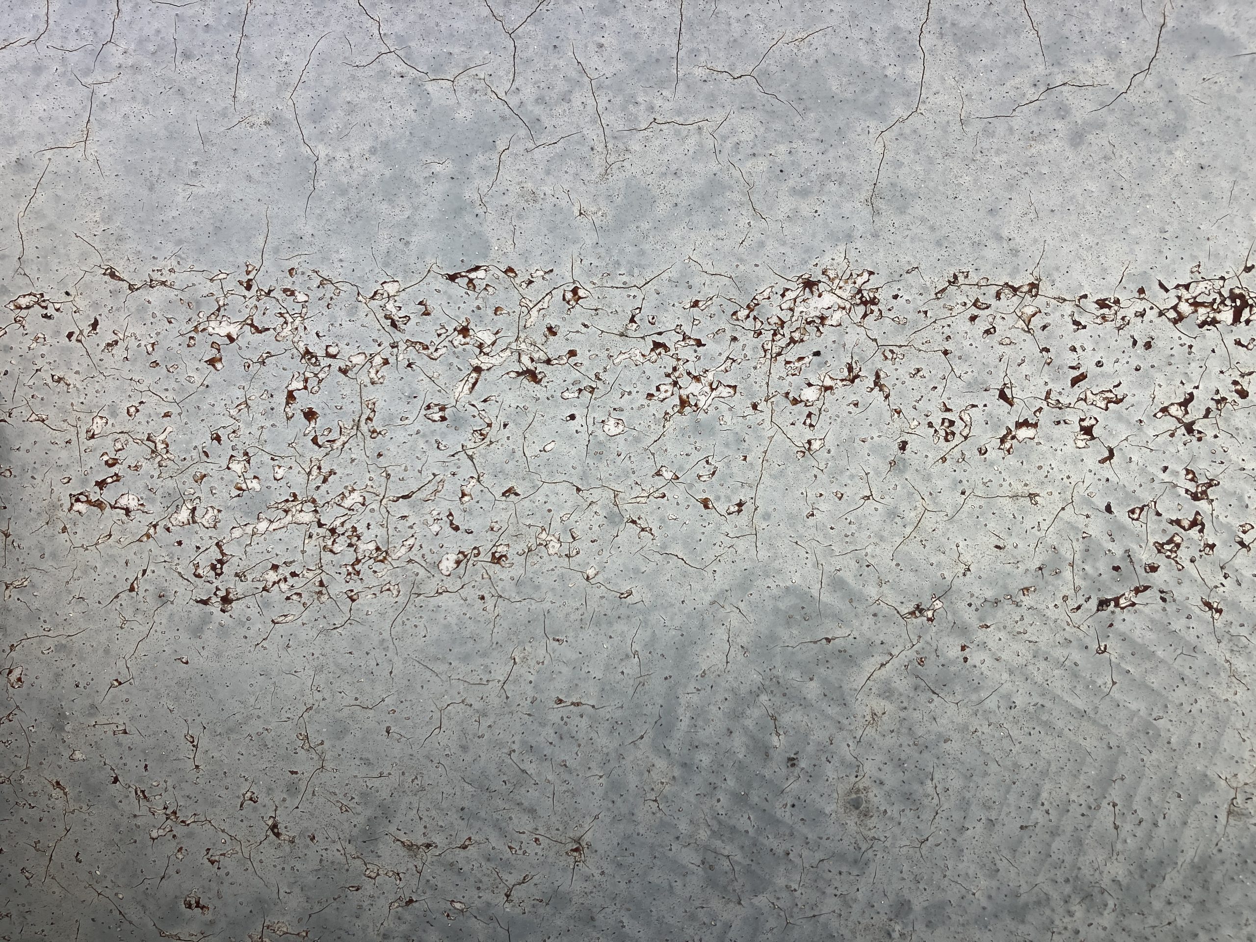 床面に広がる細かなひび割れと塗膜の傷み