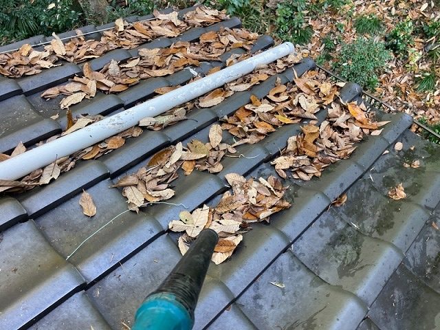 ブロアで屋根の上の落ち葉を清掃