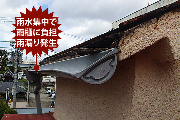 雨水集中で雨樋に負担 雨漏り発生